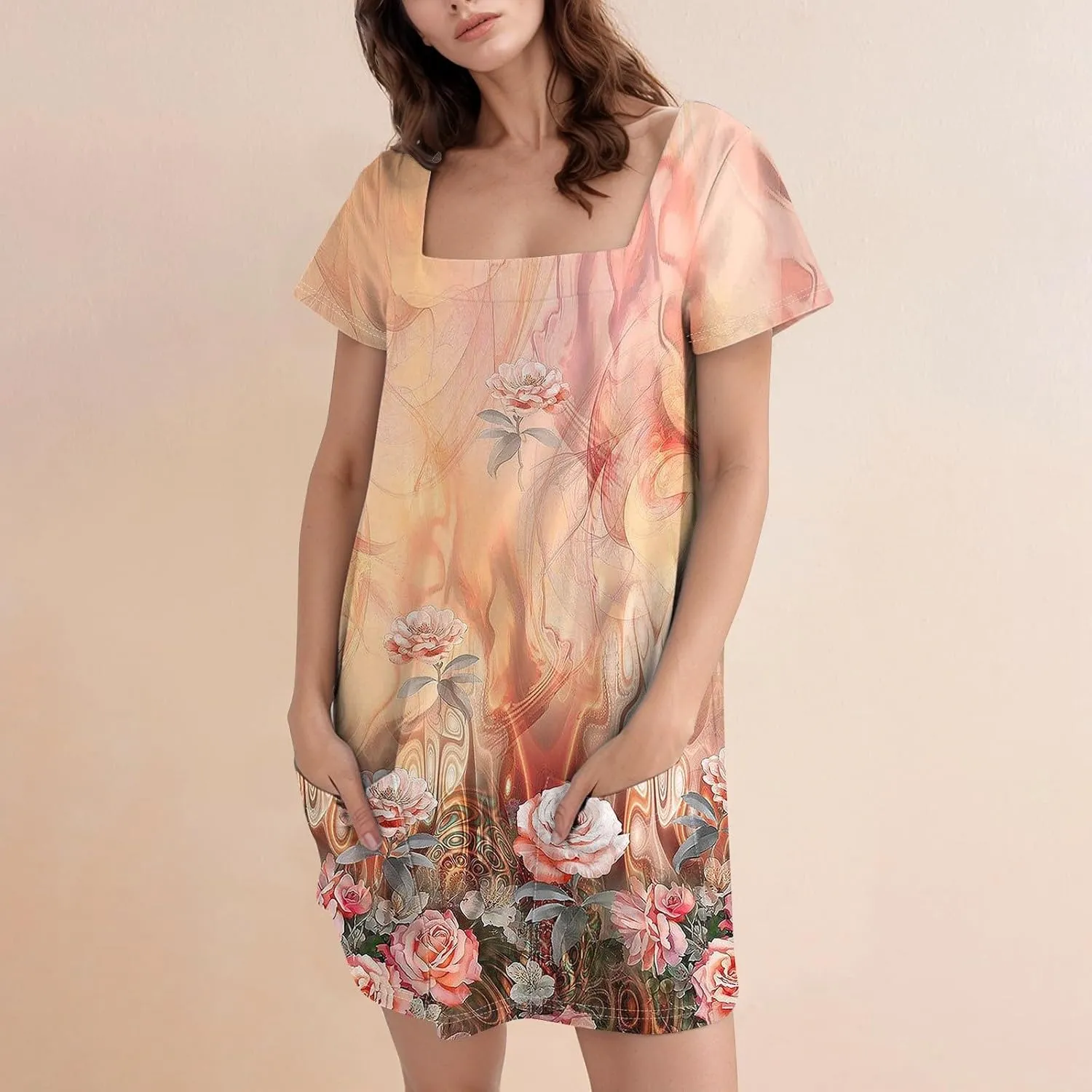 Shirt Dresses for Women Summer Boho Dress Square Neck Short Sleeve Cute Mini Dresses Tummy Control with Pockets