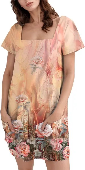 Shirt Dresses for Women Summer Boho Dress Square Neck Short Sleeve Cute Mini Dresses Tummy Control with Pockets
