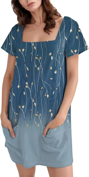 Shirt Dresses for Women Summer Boho Dress Square Neck Short Sleeve Cute Mini Dresses Tummy Control with Pockets