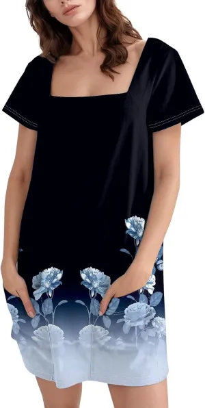 Shirt Dresses for Women Summer Boho Dress Square Neck Short Sleeve Cute Mini Dresses Tummy Control with Pockets