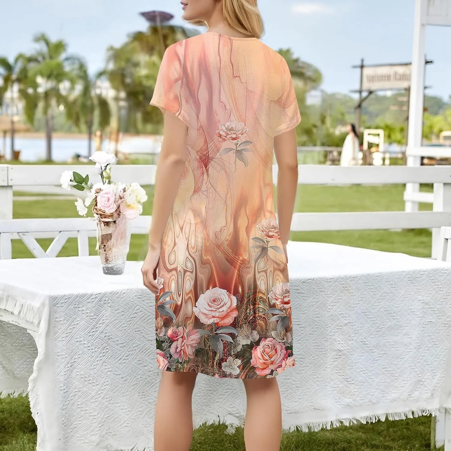 Shirt Dresses for Women Summer Boho Dress Square Neck Short Sleeve Cute Mini Dresses Tummy Control with Pockets