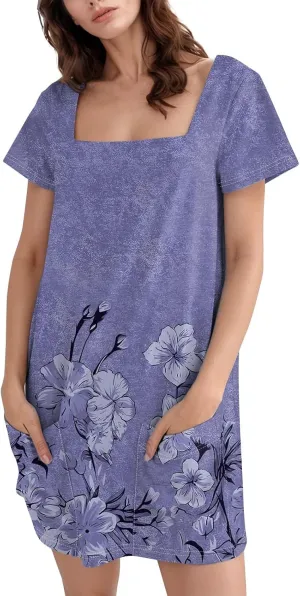 Shirt Dresses for Women Summer Boho Dress Square Neck Short Sleeve Cute Mini Dresses Tummy Control with Pockets