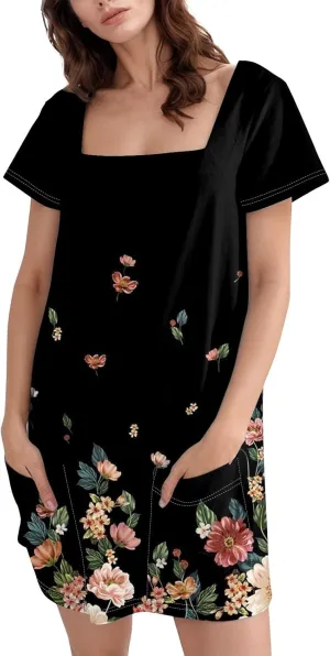 Shirt Dresses for Women Summer Boho Dress Square Neck Short Sleeve Cute Mini Dresses Tummy Control with Pockets
