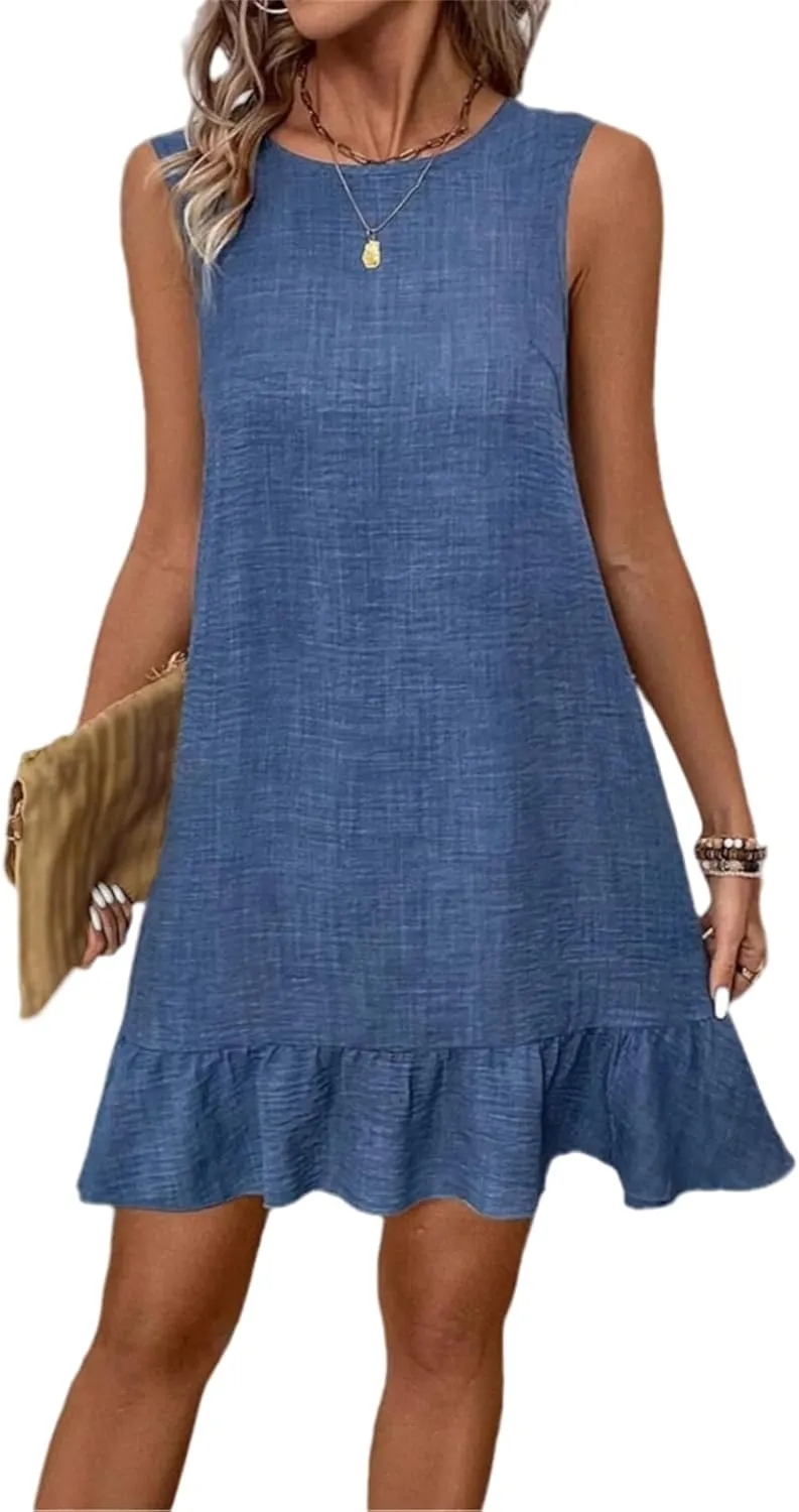 Short Dresses for Women Casual Summer Mini Dress Round Neck Ruffle Smock Business Dresses Tie Backless Sundress Trendy