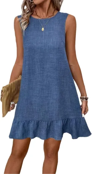 Short Dresses for Women Casual Summer Mini Dress Round Neck Ruffle Smock Business Dresses Tie Backless Sundress Trendy