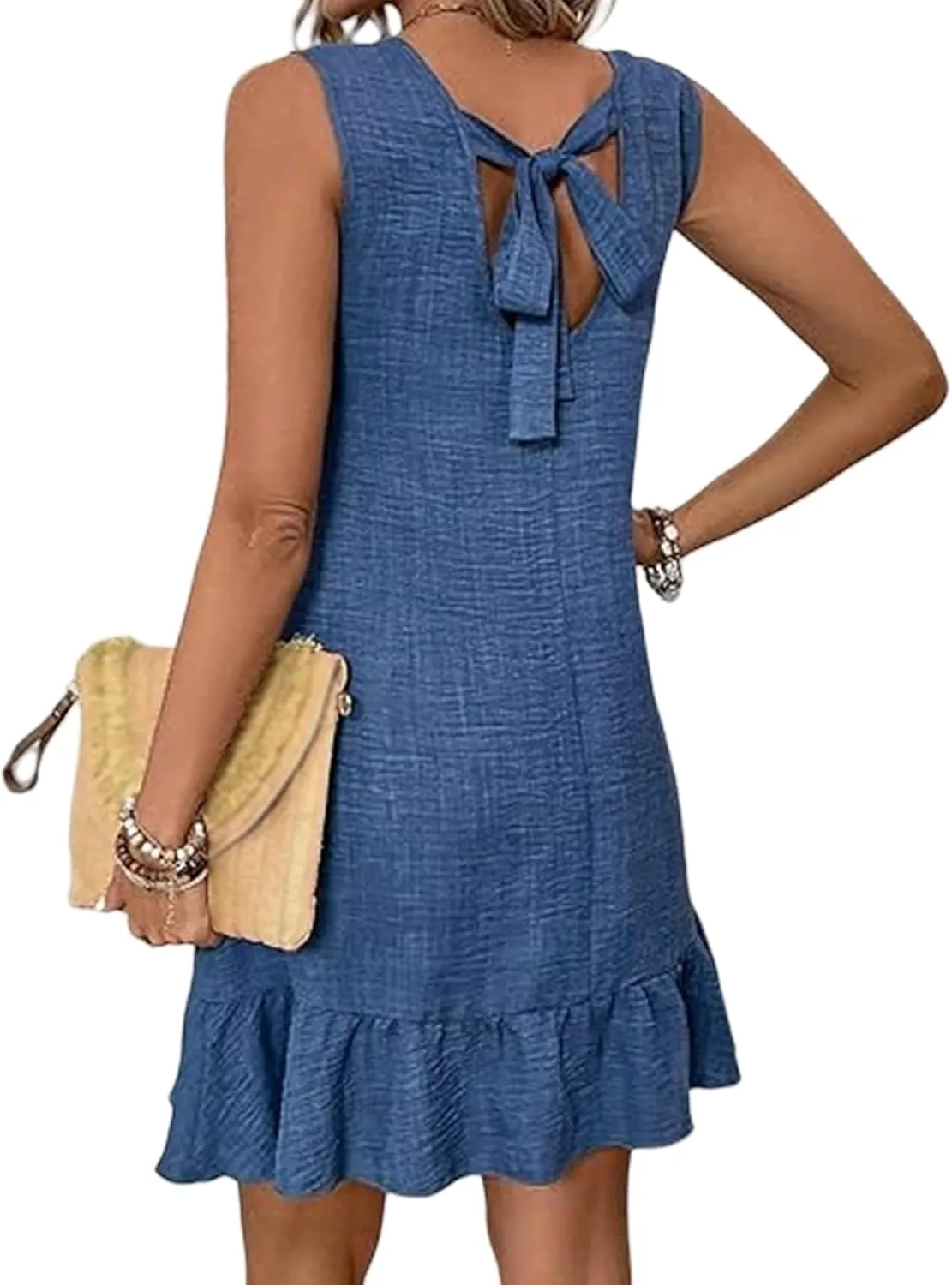 Short Dresses for Women Casual Summer Mini Dress Round Neck Ruffle Smock Business Dresses Tie Backless Sundress Trendy