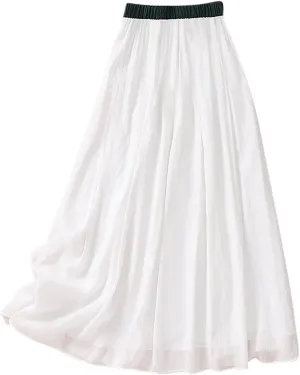 Skirts for Women Fall Spring Elastic Waist Double Layer Skirt Ethic Linen Long Skirts Comfy Loose Fit Midi Skirt