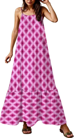Sleeveless Maxi Dresses for Women 2025 Ruffle Spaghetti Strap Fashion Print Flowy Boho Dress Summer Vacation Dress