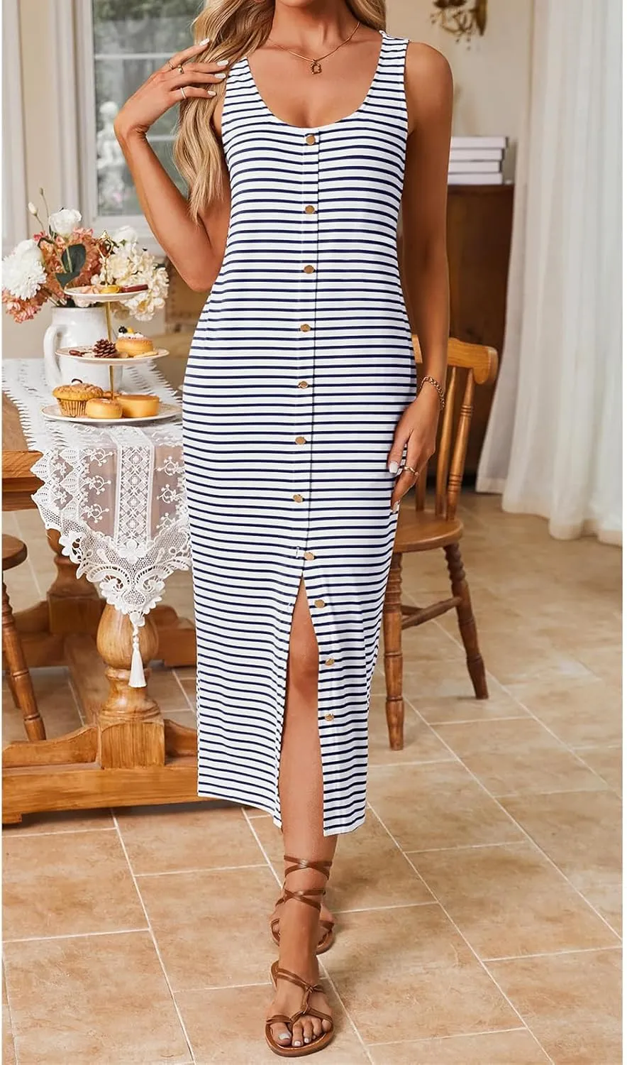 Sleeveless Midi Dresses for Women Striped T Shirt Dress Decorative Botton Sleeveless Ribbed Knit Bodycon Sundresses