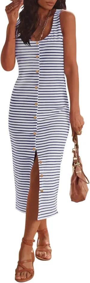 Sleeveless Midi Dresses for Women Striped T Shirt Dress Decorative Botton Sleeveless Ribbed Knit Bodycon Sundresses