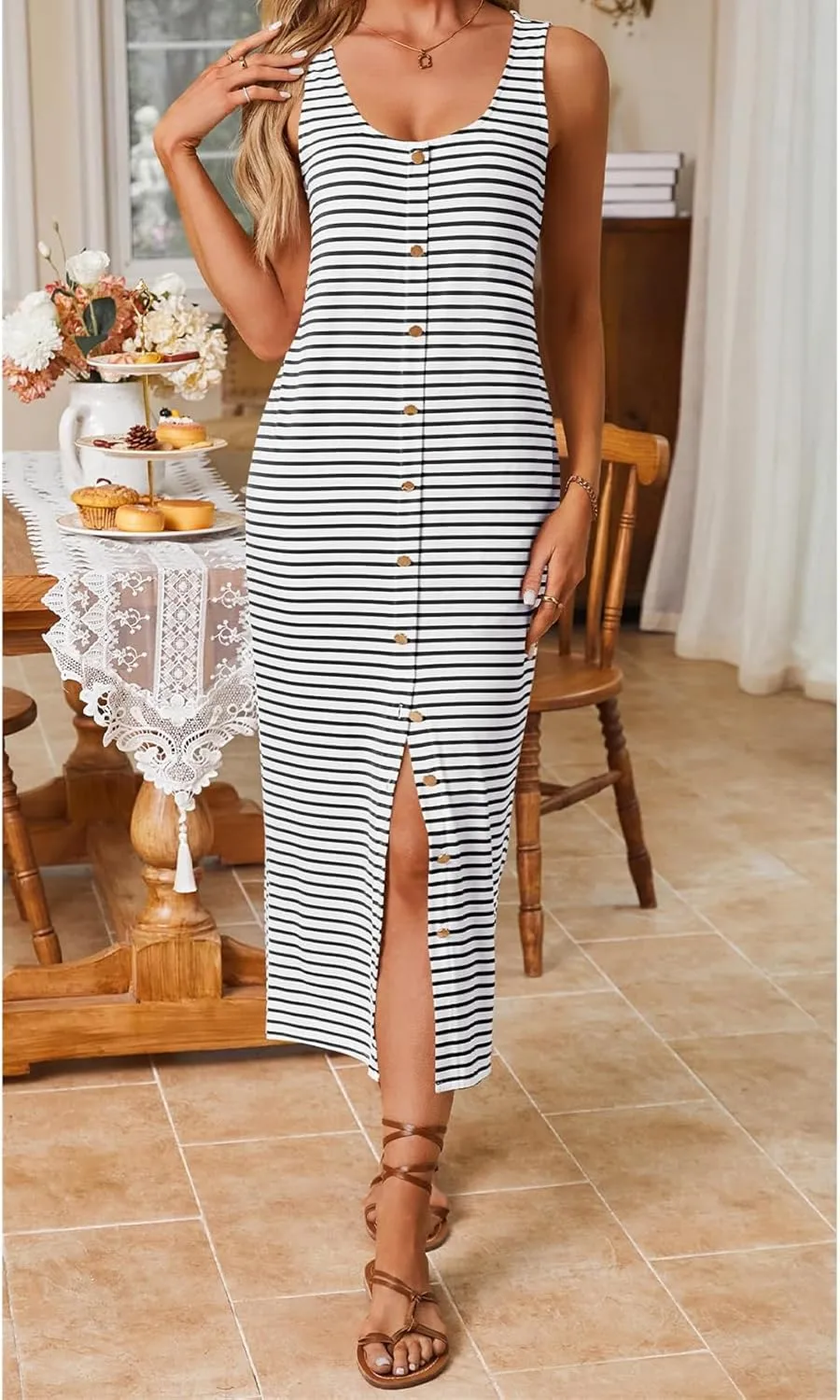 Sleeveless Midi Dresses for Women Striped T Shirt Dress Decorative Botton Sleeveless Ribbed Knit Bodycon Sundresses