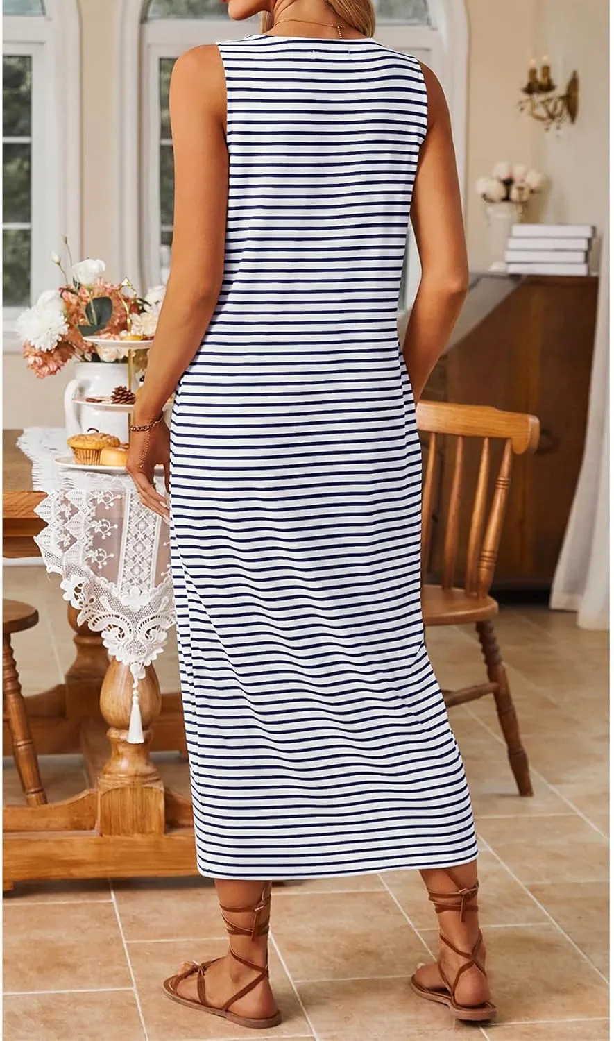 Sleeveless Midi Dresses for Women Striped T Shirt Dress Decorative Botton Sleeveless Ribbed Knit Bodycon Sundresses