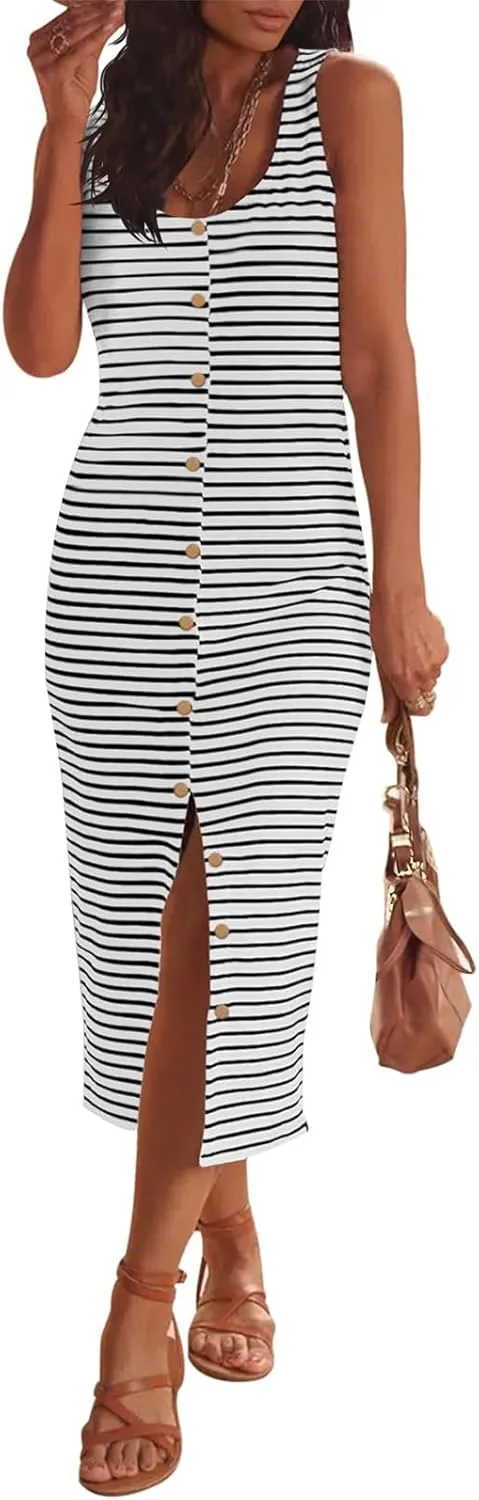 Sleeveless Midi Dresses for Women Striped T Shirt Dress Decorative Botton Sleeveless Ribbed Knit Bodycon Sundresses