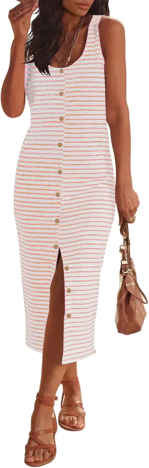 Sleeveless Midi Dresses for Women Striped T Shirt Dress Decorative Botton Sleeveless Ribbed Knit Bodycon Sundresses