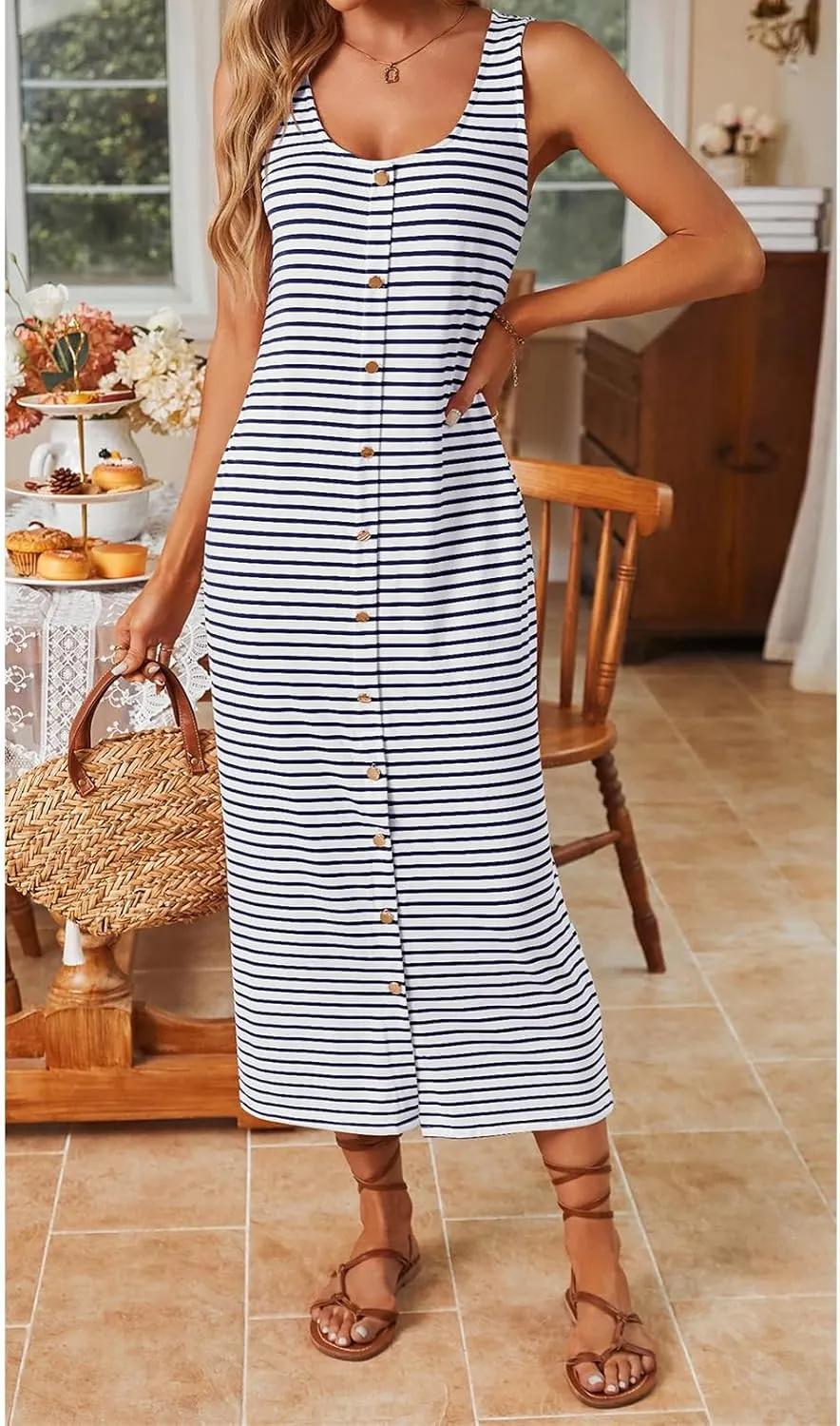 Sleeveless Midi Dresses for Women Striped T Shirt Dress Decorative Botton Sleeveless Ribbed Knit Bodycon Sundresses