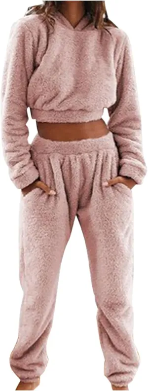 Soft Warm Plush Lounge Sets for Women Cute Crop Hoodie Jumper and Pant 2 Pc Outfits Winter Holiday Sleepwear Pajamas
