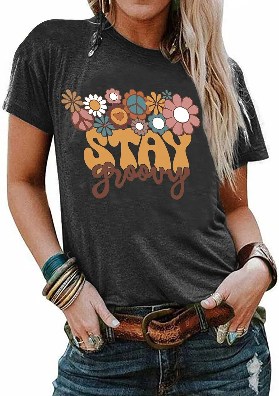 Stay Groovy Shirt for Womens:Hippie 70s T-Shirt Cute Hippie 70s T-Shirt Casual Short Sleeve Tee Tops