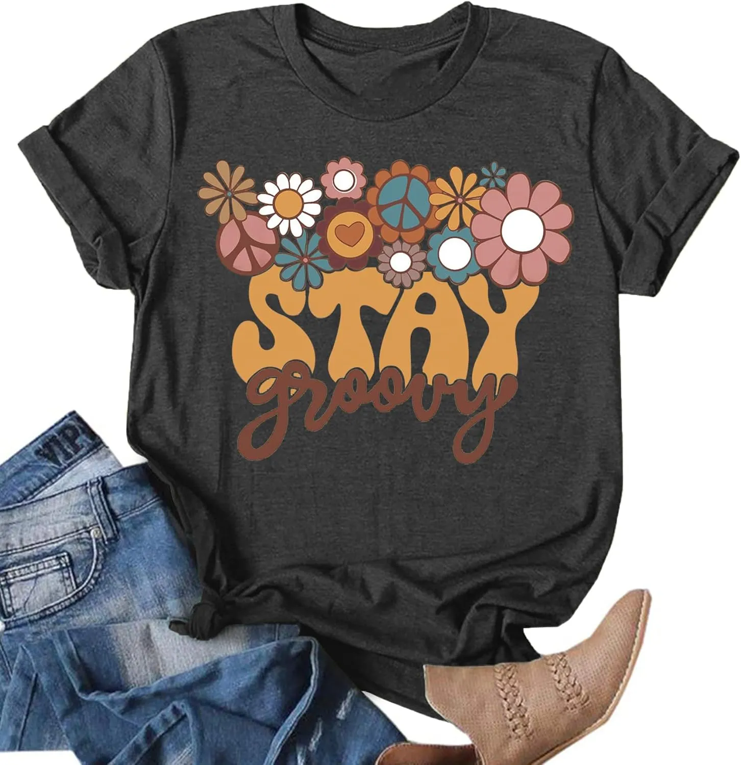 Stay Groovy Shirt for Womens:Hippie 70s T-Shirt Cute Hippie 70s T-Shirt Casual Short Sleeve Tee Tops