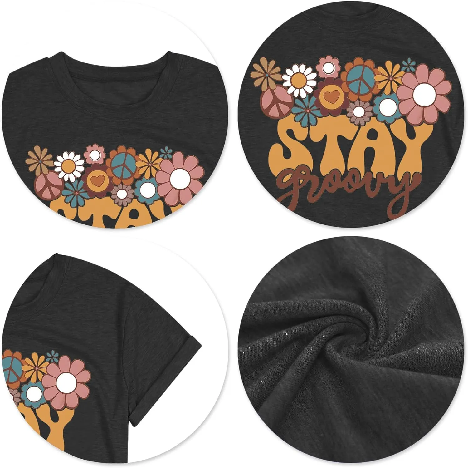 Stay Groovy Shirt for Womens:Hippie 70s T-Shirt Cute Hippie 70s T-Shirt Casual Short Sleeve Tee Tops