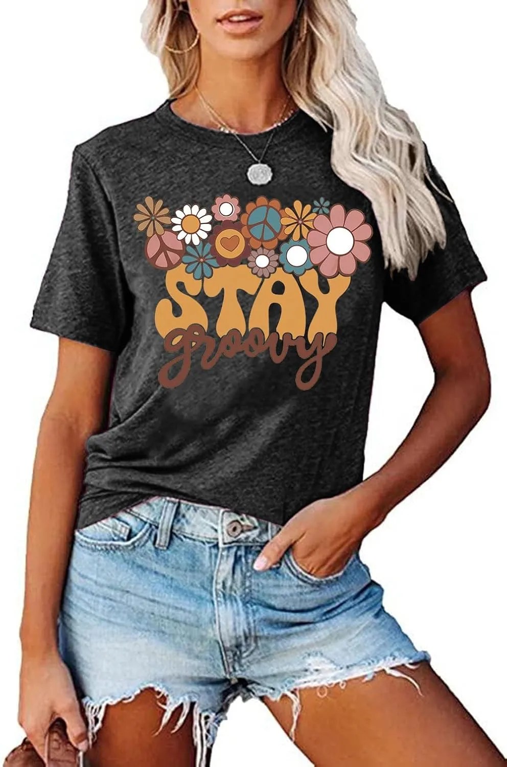 Stay Groovy Shirt for Womens:Hippie 70s T-Shirt Cute Hippie 70s T-Shirt Casual Short Sleeve Tee Tops