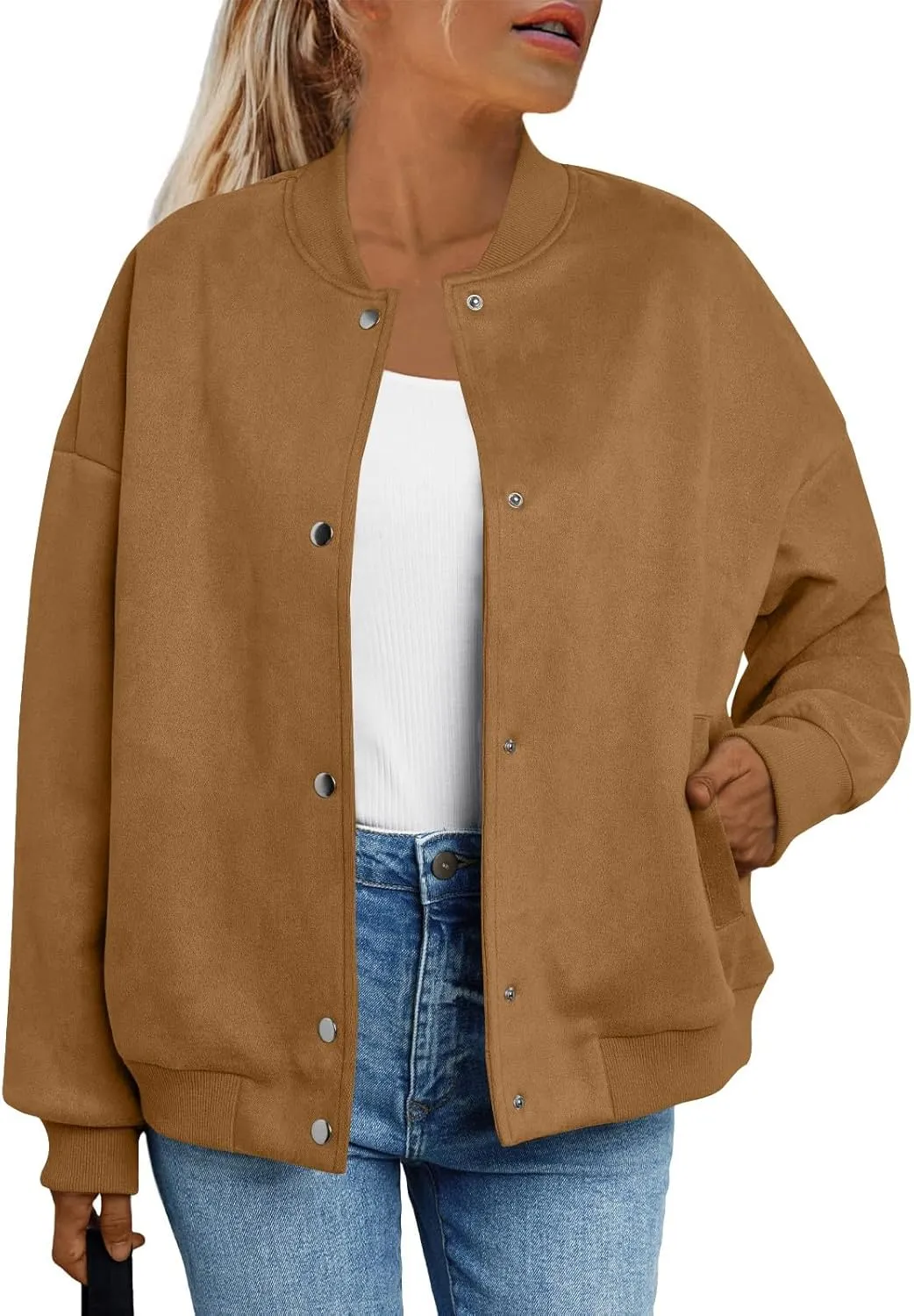 Suede Jacket Women Button Down Bomber Jacket Dressy Casual Varsity Moto Shackets with Pockets Fall Coat Y2k Clothes