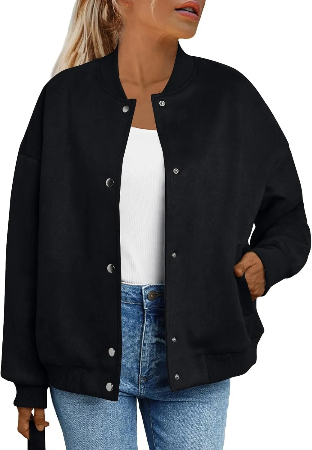 Suede Jacket Women Button Down Bomber Jacket Dressy Casual Varsity Moto Shackets with Pockets Fall Coat Y2k Clothes