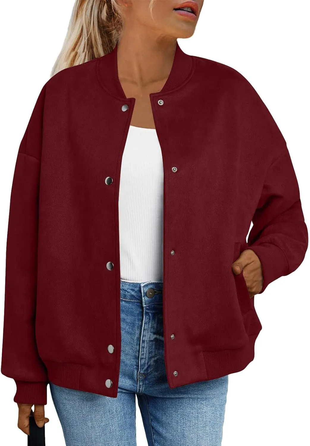 Suede Jacket Women Button Down Bomber Jacket Dressy Casual Varsity Moto Shackets with Pockets Fall Coat Y2k Clothes