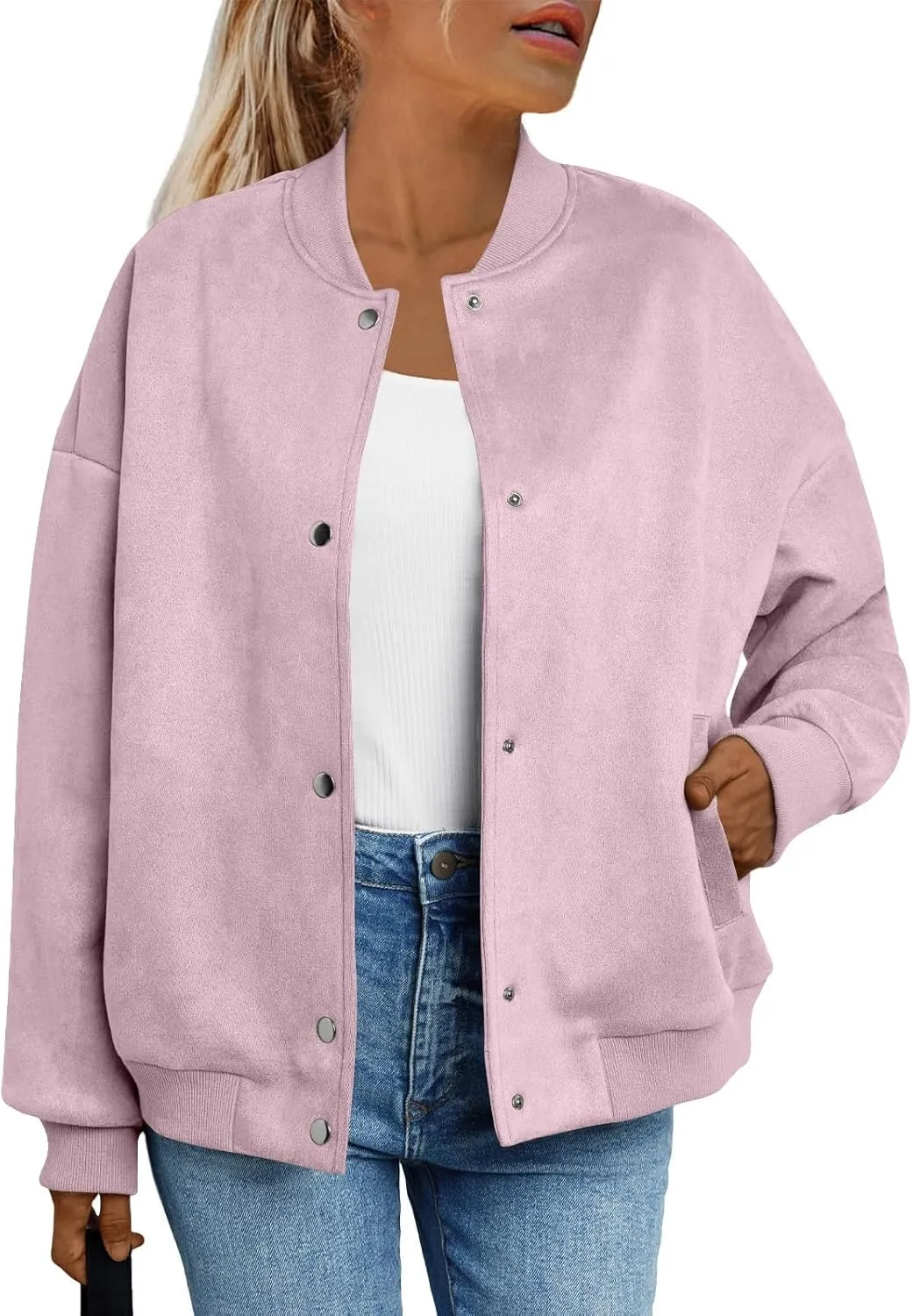 Suede Jacket Women Button Down Bomber Jacket Dressy Casual Varsity Moto Shackets with Pockets Fall Coat Y2k Clothes