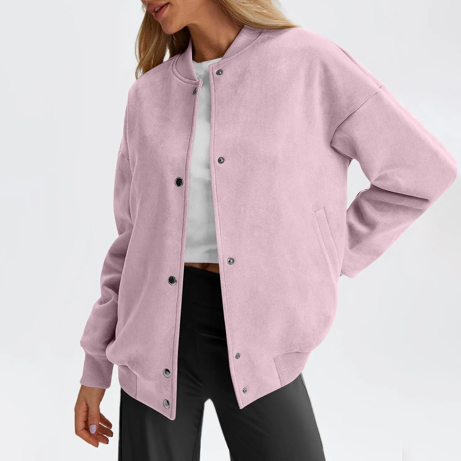 Suede Jacket Women Button Down Bomber Jacket Dressy Casual Varsity Moto Shackets with Pockets Fall Coat Y2k Clothes