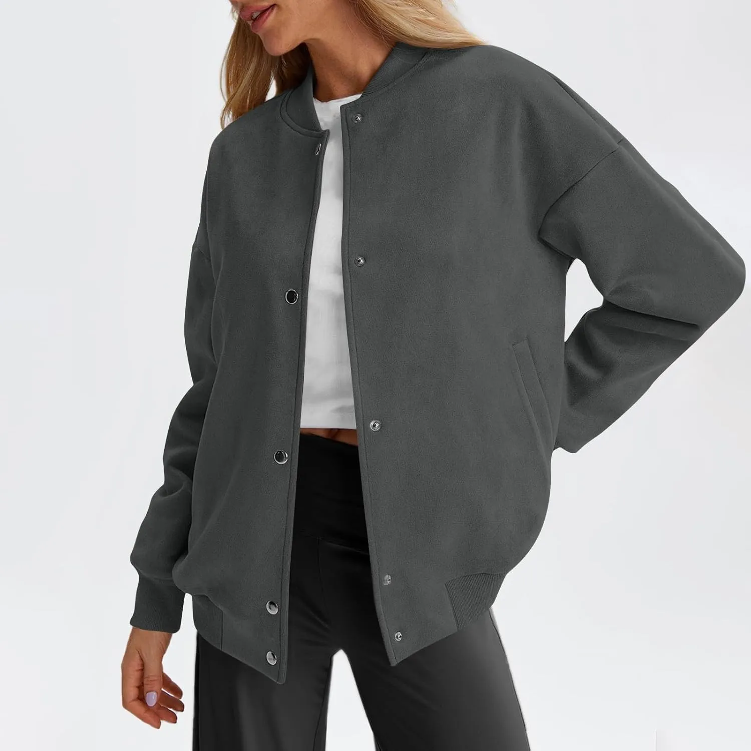 Suede Jacket Women Button Down Bomber Jacket Dressy Casual Varsity Shackets with Pockets Fall Coat Y2k Clothes