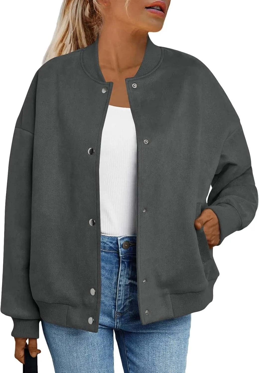 Suede Jacket Women Button Down Bomber Jacket Dressy Casual Varsity Shackets with Pockets Fall Coat Y2k Clothes
