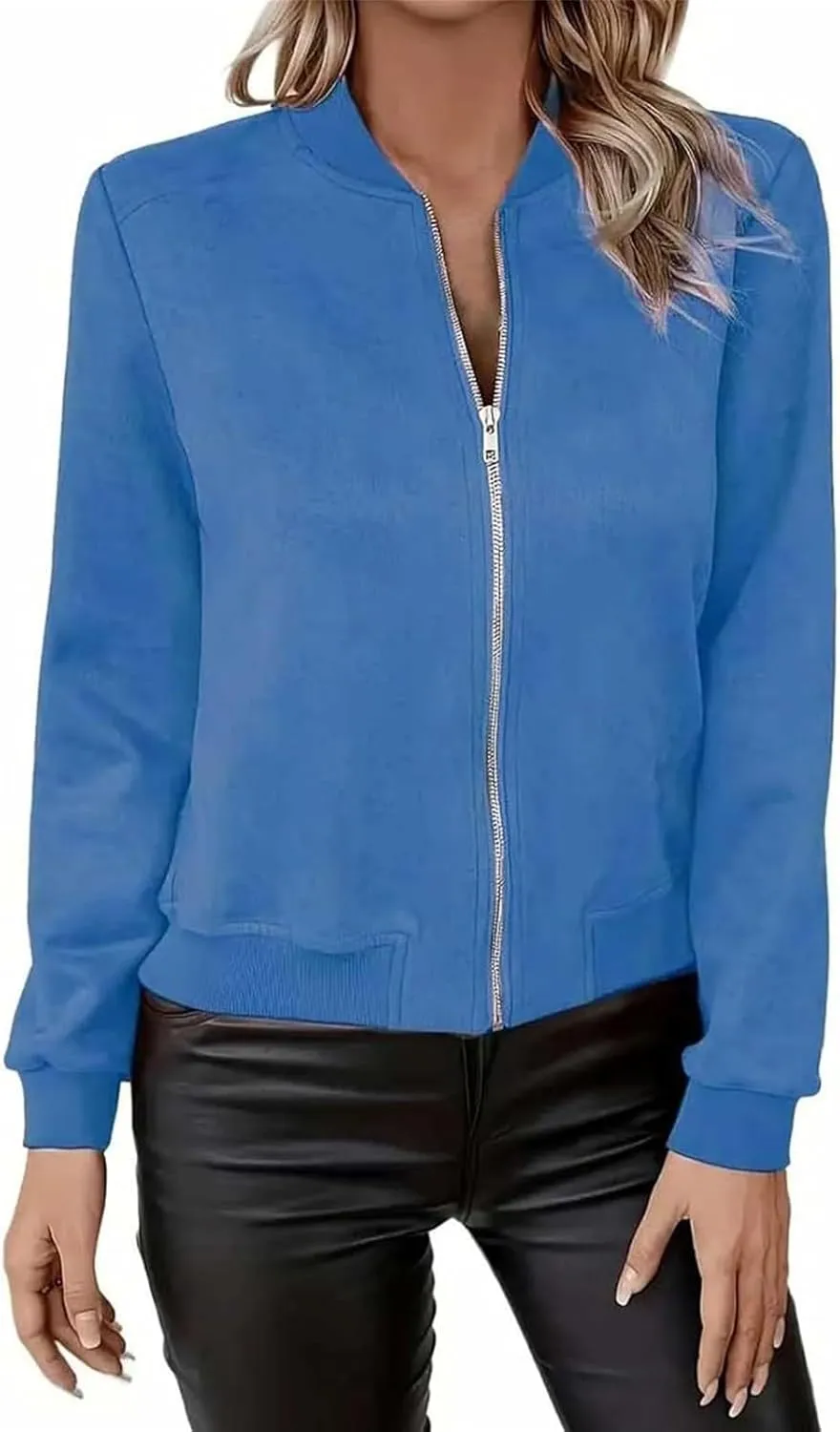 Suede Jacket Women Cropped Zip Up Bomber Jackets Dressy Casual Fall Coat Long Sleeve Biker Moto Jacket Outerwear