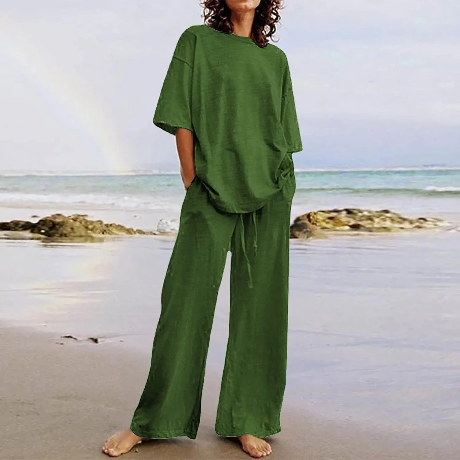 Summer 2 Piece Outfits for Women Cotton Linen Set Boyfriend Oversized T Shirts Wide Leg Pants Summer Beach Tracksuit