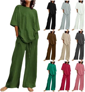 Summer 2 Piece Outfits for Women Cotton Linen Set Boyfriend Oversized T Shirts Wide Leg Pants Summer Beach Tracksuit