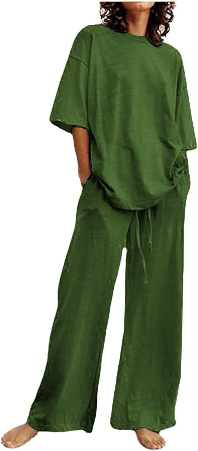 Summer 2 Piece Outfits for Women Cotton Linen Set Boyfriend Oversized T Shirts Wide Leg Pants Summer Beach Tracksuit