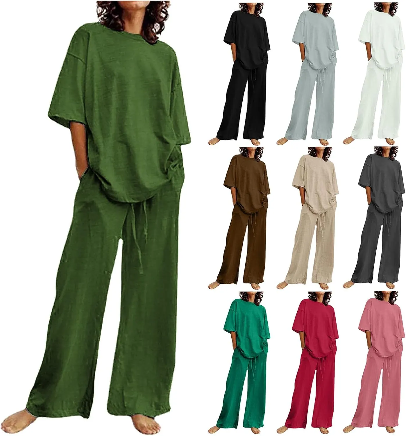 Summer 2 Piece Outfits for Women Cotton Linen Set Boyfriend Oversized T Shirts Wide Leg Pants Summer Beach Tracksuit