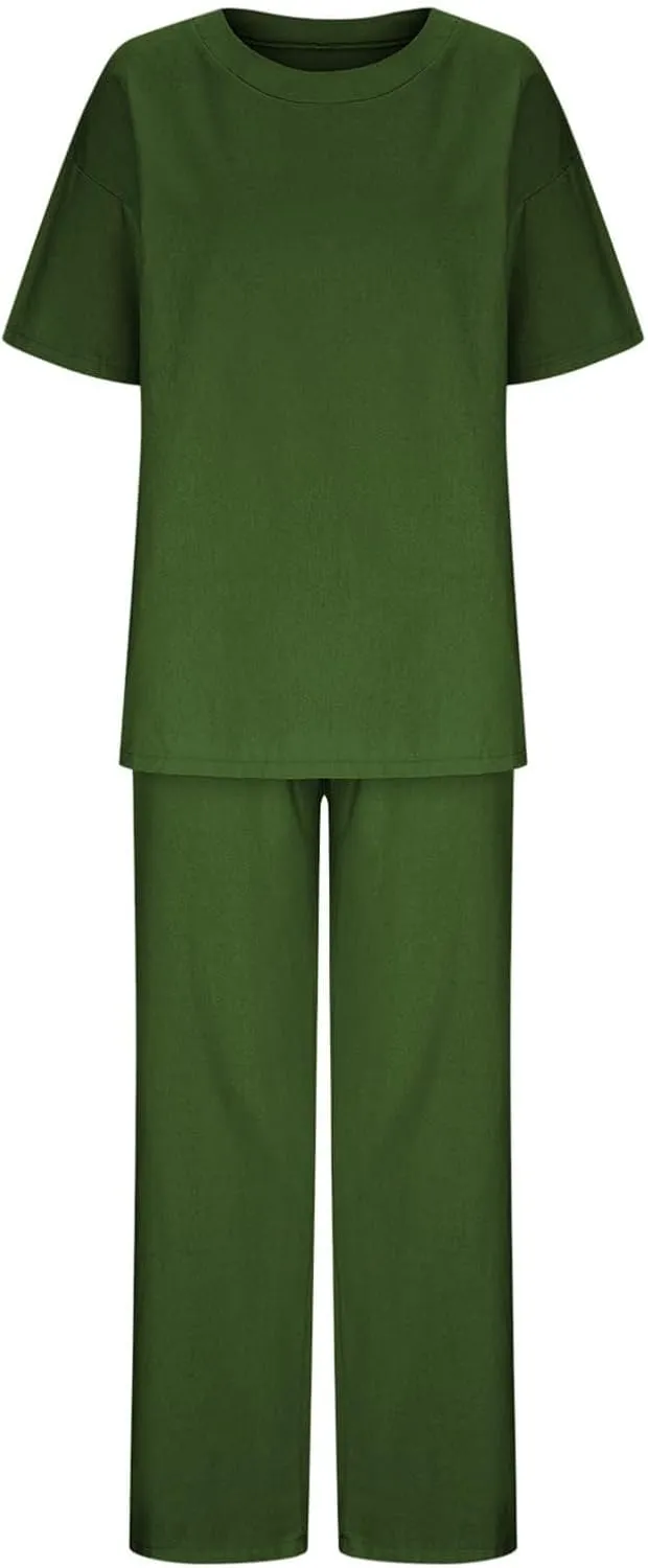 Summer 2 Piece Outfits for Women Cotton Linen Set Boyfriend Oversized T Shirts Wide Leg Pants Summer Beach Tracksuit