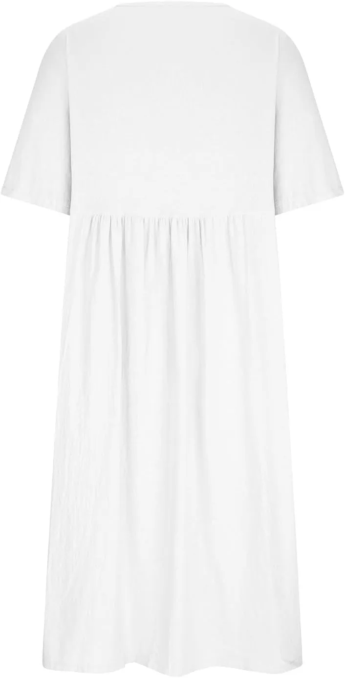 Summer Cotton Dress for Women 2025 Linen Short Sleeve Pleated A-Line Dresses Flowy Swing Casual T-Shirt Sundress