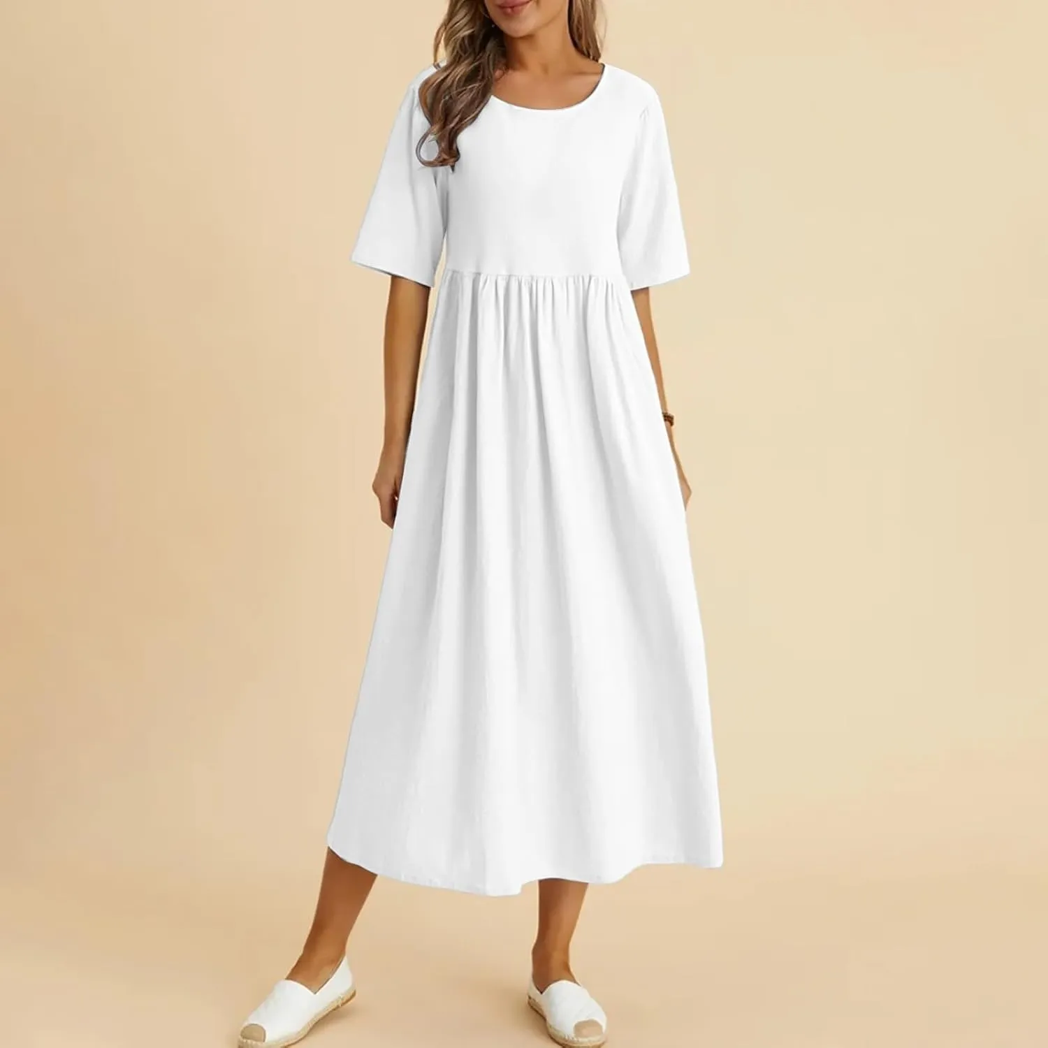 Summer Cotton Dress for Women 2025 Linen Short Sleeve Pleated A-Line Dresses Flowy Swing Casual T-Shirt Sundress