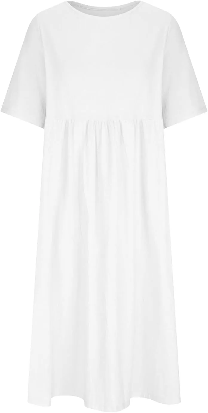 Summer Cotton Dress for Women 2025 Linen Short Sleeve Pleated A-Line Dresses Flowy Swing Casual T-Shirt Sundress