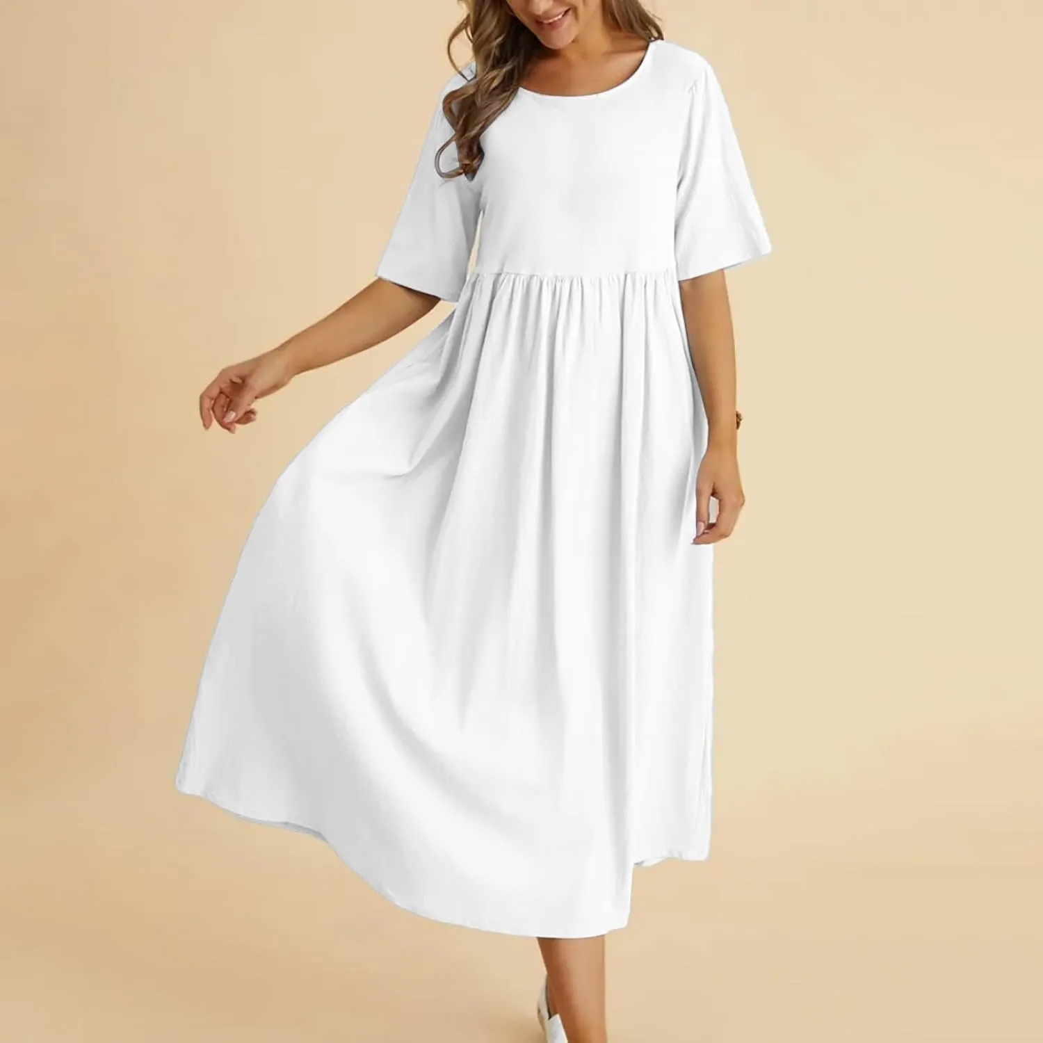 Summer Cotton Dress for Women 2025 Linen Short Sleeve Pleated A-Line Dresses Flowy Swing Casual T-Shirt Sundress
