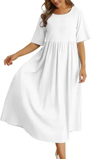 Summer Cotton Dress for Women 2025 Linen Short Sleeve Pleated A-Line Dresses Flowy Swing Casual T-Shirt Sundress
