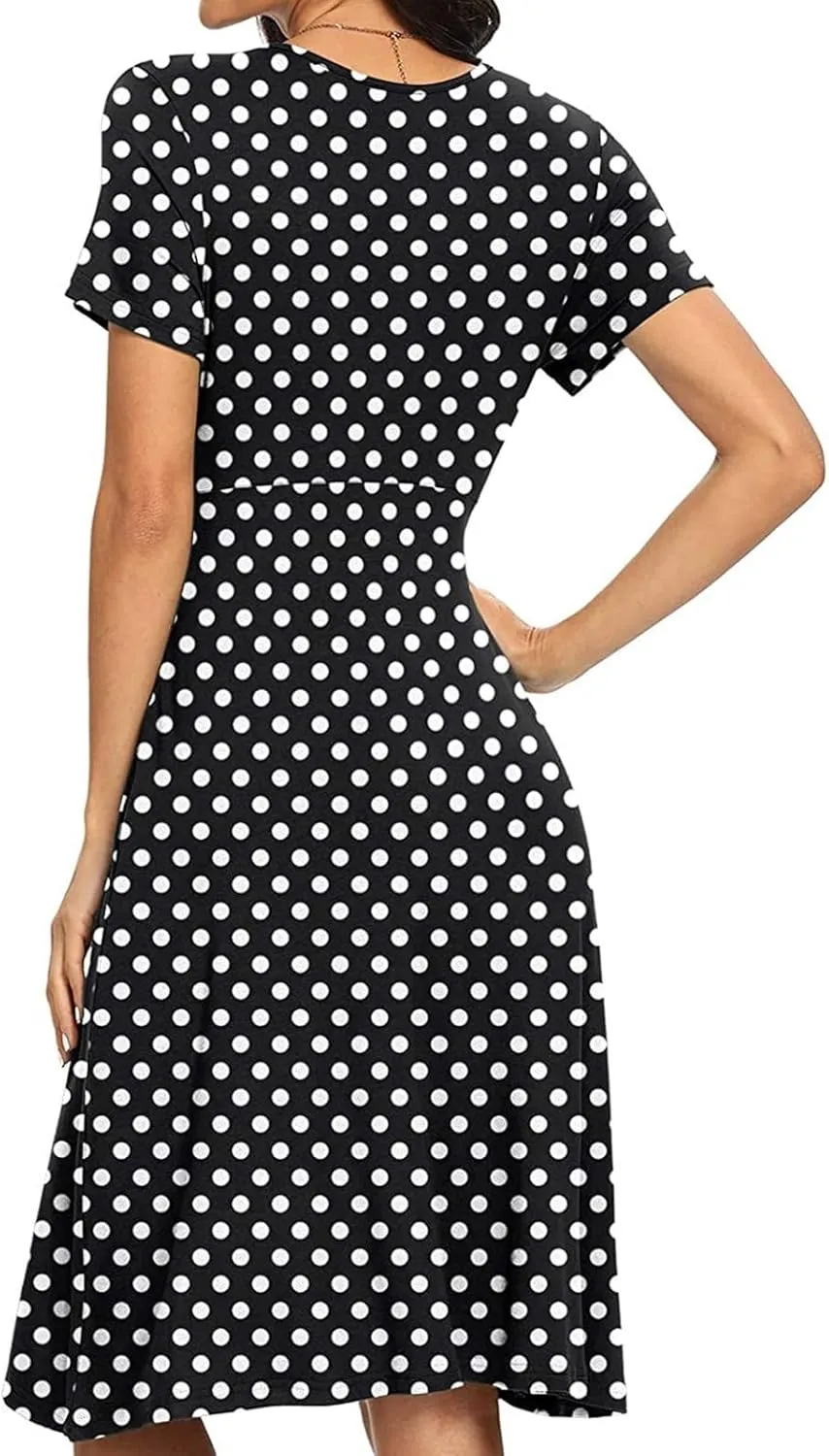 Summer Dresses for Women 2024 Casual V Neck High Waist A-Line Dress with Pocket Cute Solid Short Sleeve Midi Dress