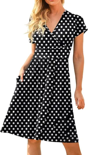 Summer Dresses for Women 2024 Casual V Neck High Waist A-Line Dress with Pocket Cute Solid Short Sleeve Midi Dress