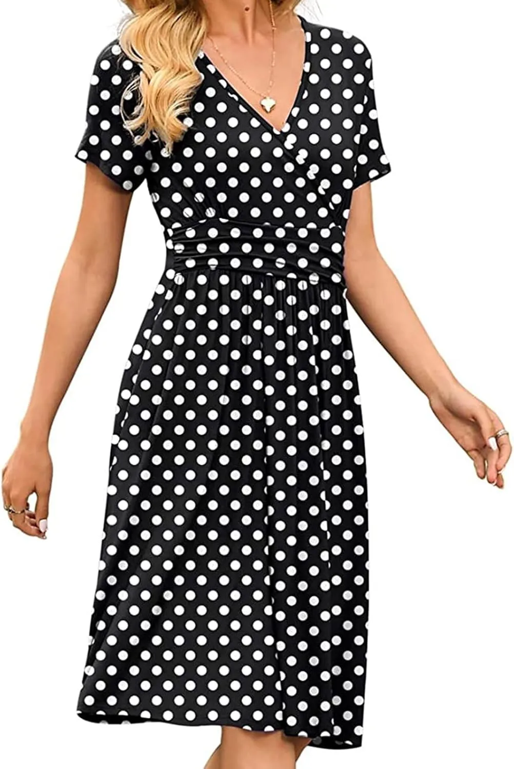 Summer Dresses for Women 2024 Casual V Neck High Waist A-Line Dress with Pocket Cute Solid Short Sleeve Midi Dress