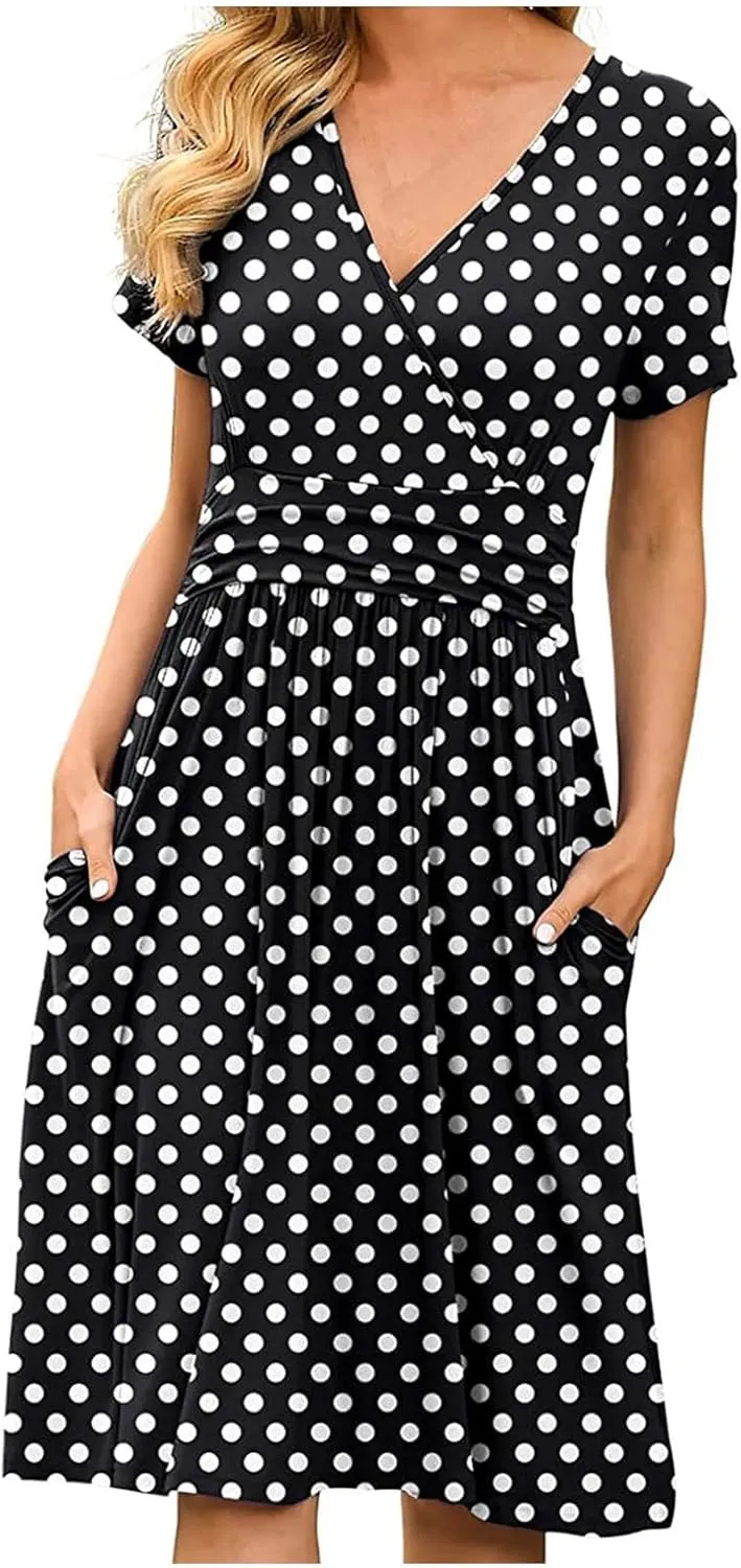 Summer Dresses for Women 2024 Casual V Neck High Waist A-Line Dress with Pocket Cute Solid Short Sleeve Midi Dress