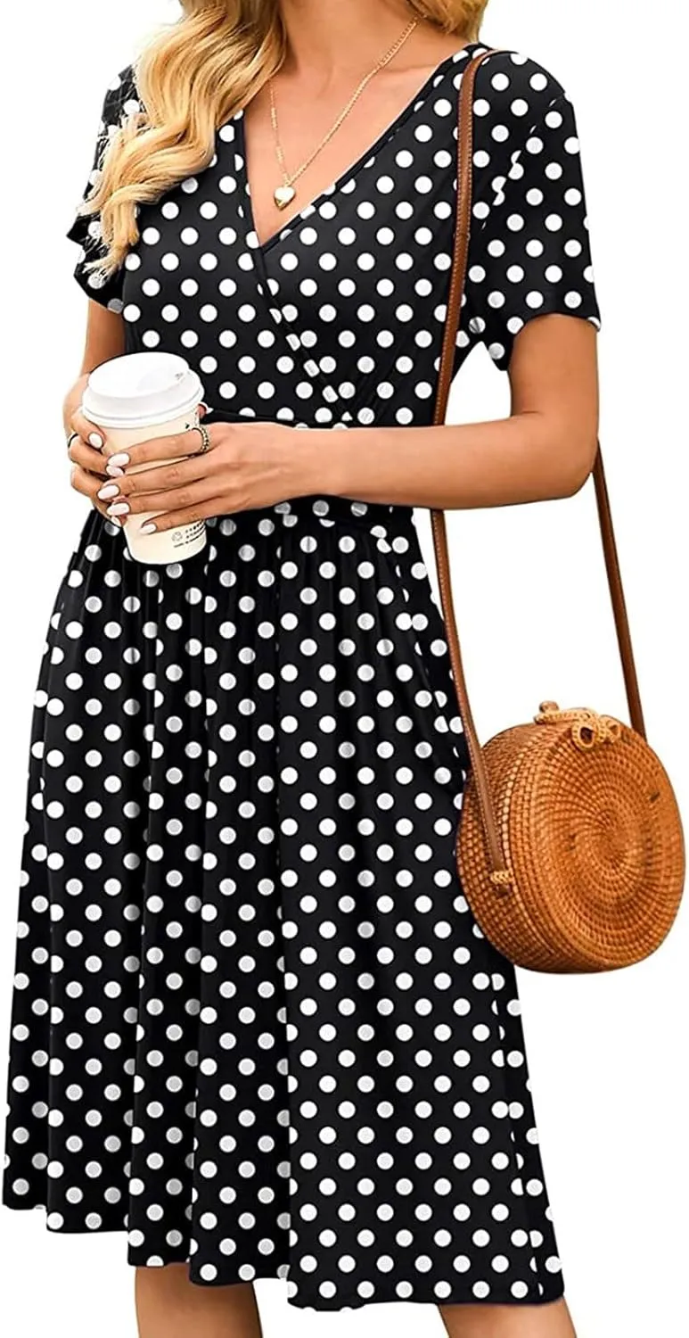 Summer Dresses for Women 2024 Casual V Neck High Waist A-Line Dress with Pocket Cute Solid Short Sleeve Midi Dress