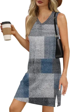 Summer Dresses for Women 2025 Casual V Neck Sleeveless Sundresses Color Block Printed Tank Beach Dresses with Split