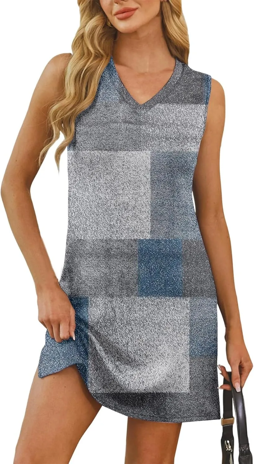 Summer Dresses for Women 2025 Casual V Neck Sleeveless Sundresses Color Block Printed Tank Beach Dresses with Split
