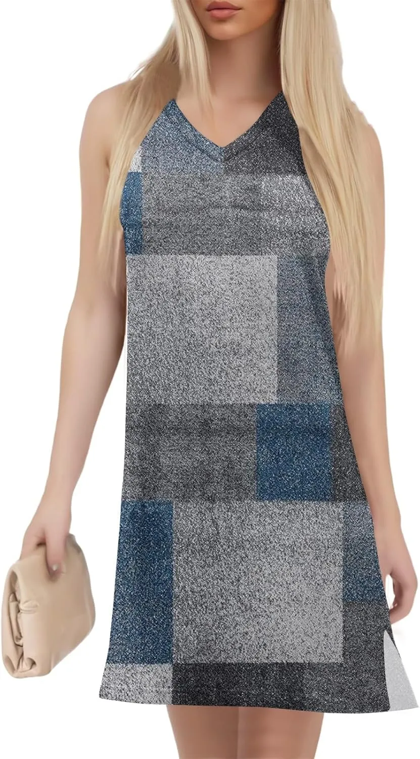 Summer Dresses for Women 2025 Casual V Neck Sleeveless Sundresses Color Block Printed Tank Beach Dresses with Split